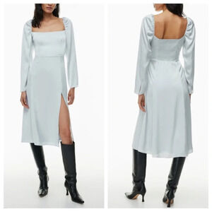 Wilfred Aritzia Bridgerton Satin midi Dress light gray smocked 22458